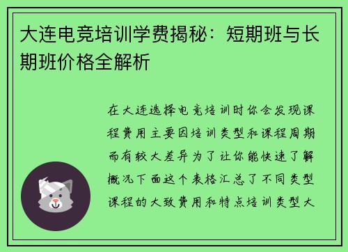 大连电竞培训学费揭秘：短期班与长期班价格全解析